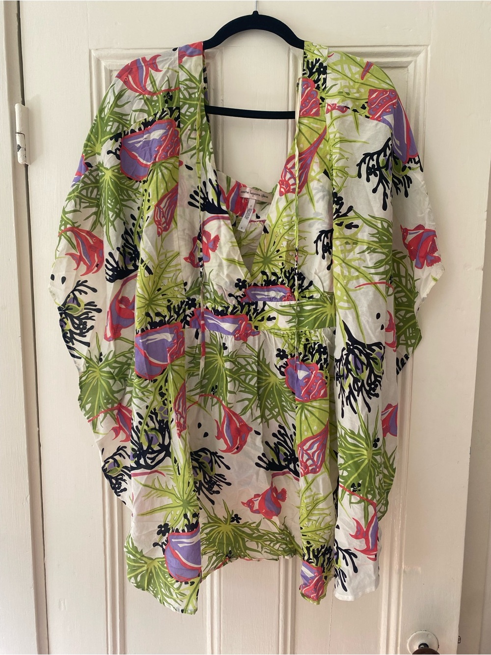Nanette Lepore White Tropical Print Blouse with Lime & Lavender Accents